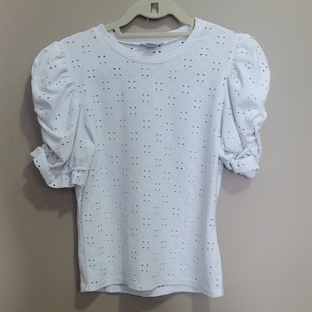 Revamped White Eyelet Puff Sleeve Blouse Size Medium